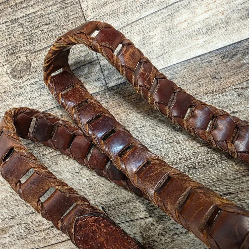 Vintage Brown Woven Leather Belt Boho Western Coastal Boho Distressed